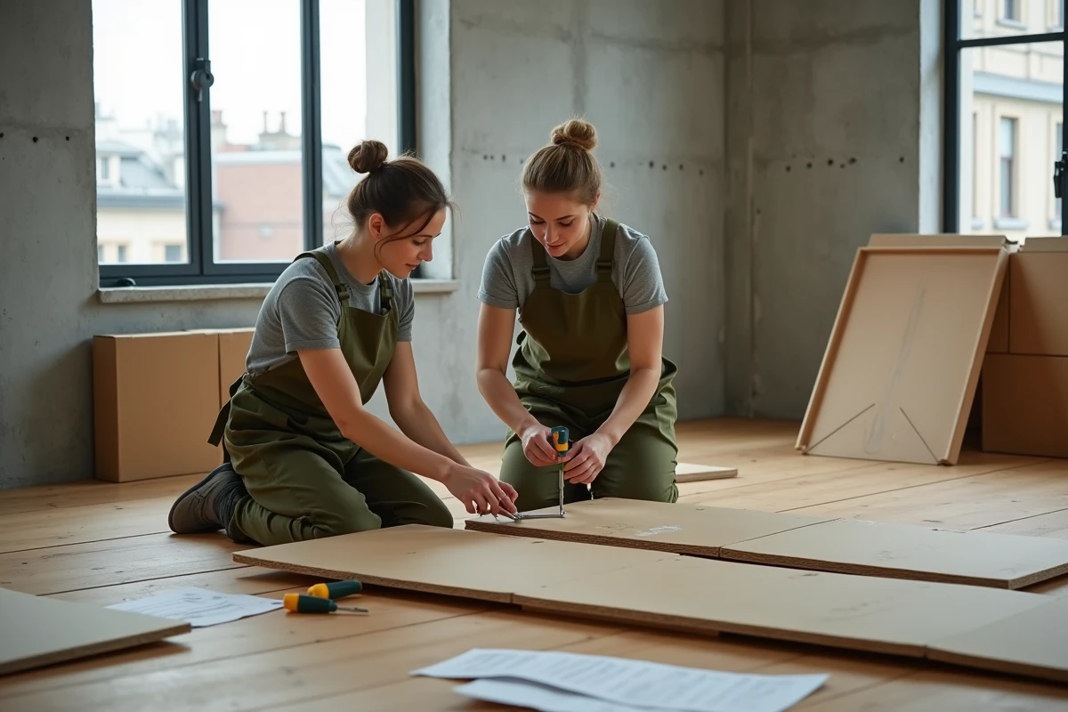 Deux adultes débutants en bricolage assemblant ensemble un meuble en kit lors d'une séance de formation pratique