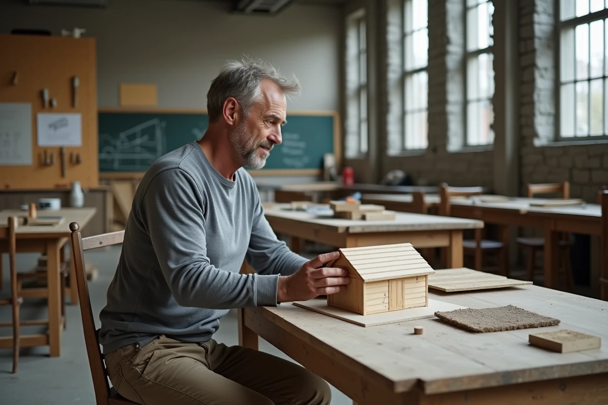 Adulte en reconversion professionnelle étudiant une maquette de toiture dans un atelier de formation aux métiers du bâtiment