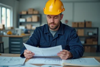 Électricien en formation consultant un livret d'habilitation électrique Habilec 8 sur un établi professionnel