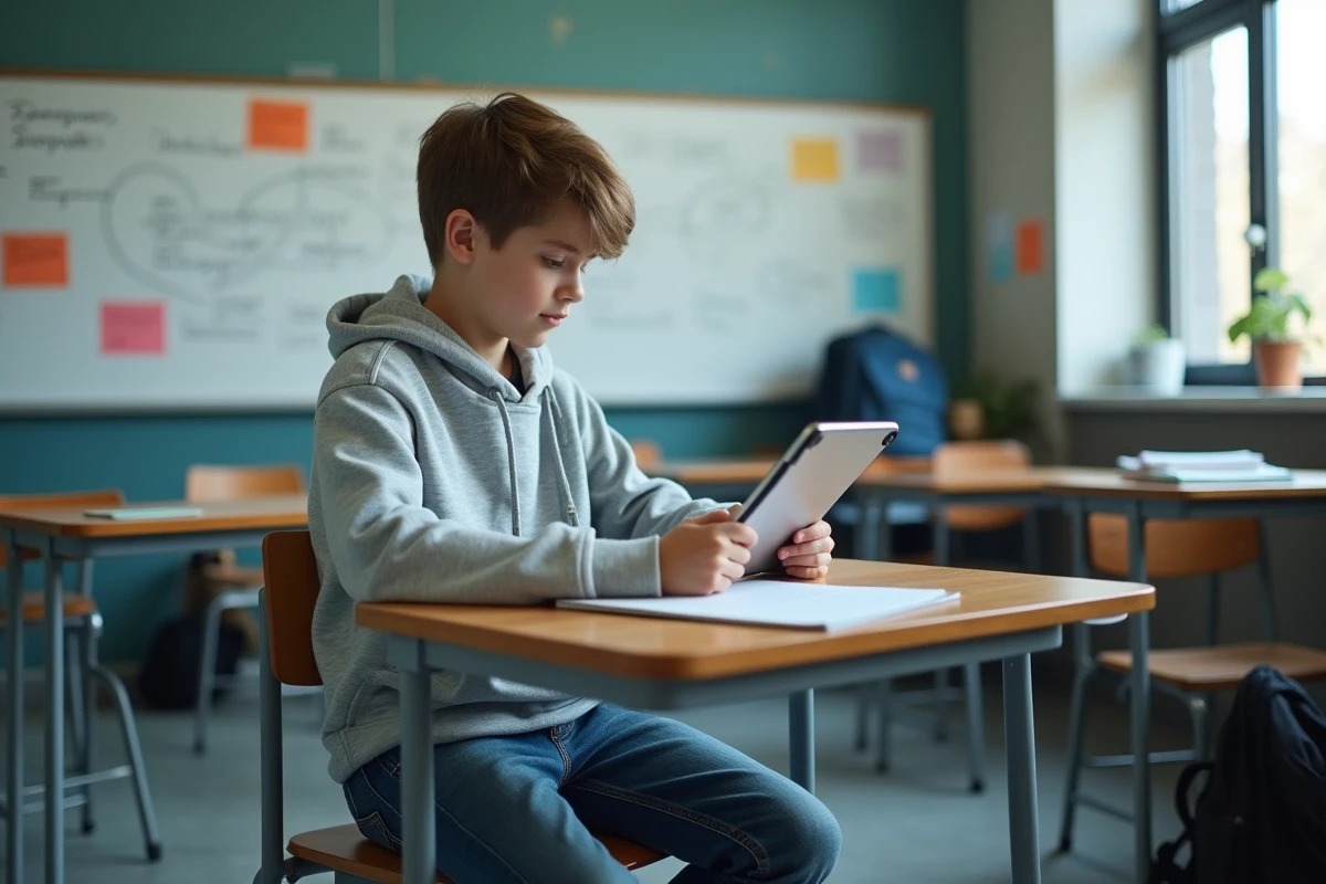 Élève de collège utilisant une tablette pour accéder à son ENT en classe