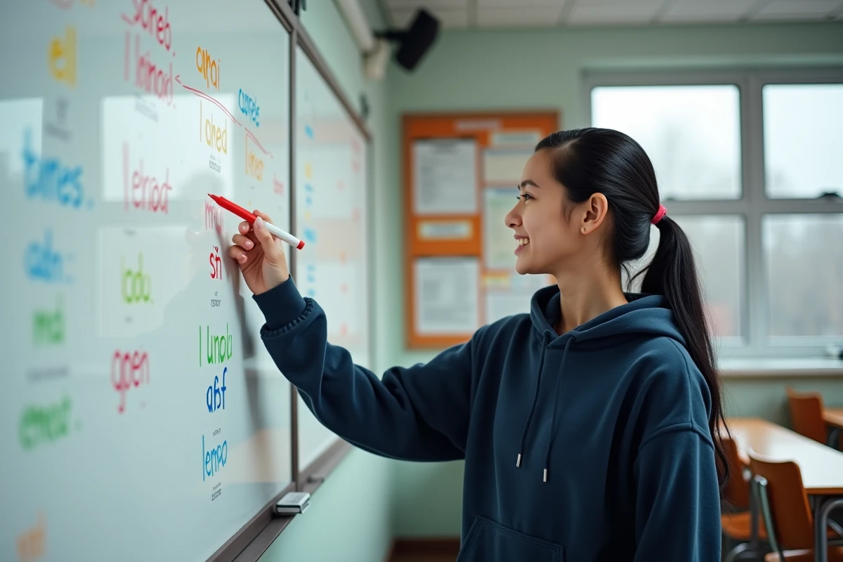 Lycéenne pointant les formes irrégulières du verbe espagnol tener sur un tableau blanc en classe