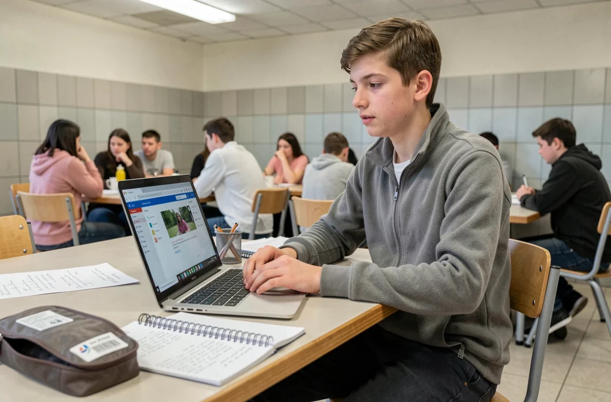 Élève consultant ses devoirs et notes sur Edu Normandie depuis la cantine du collège