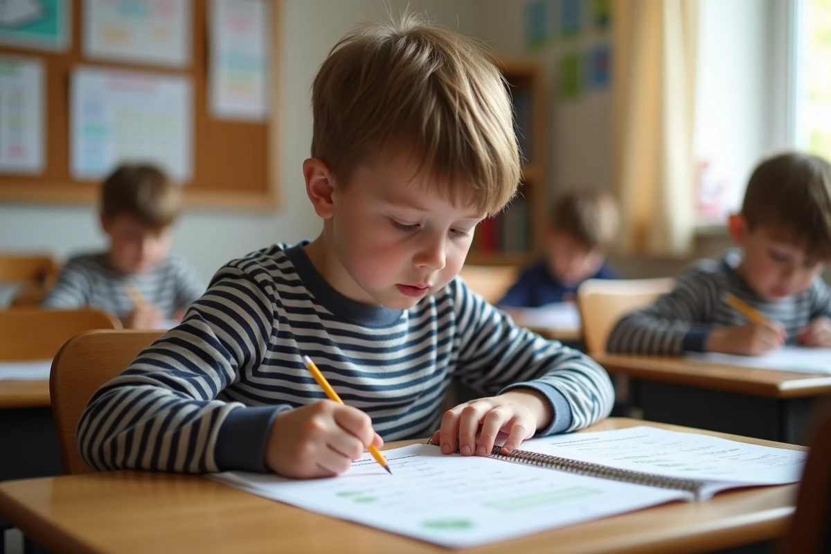 Élève de primaire lisant un texte de fluence à voix haute avec une fiche d'évaluation sur le bureau