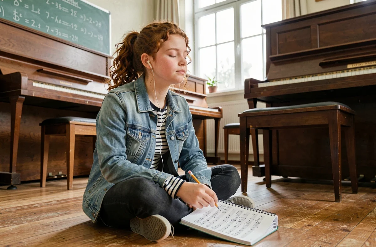 Adolescente travaillant son oreille musicale au piano dans une salle de classe avec un carnet de notes