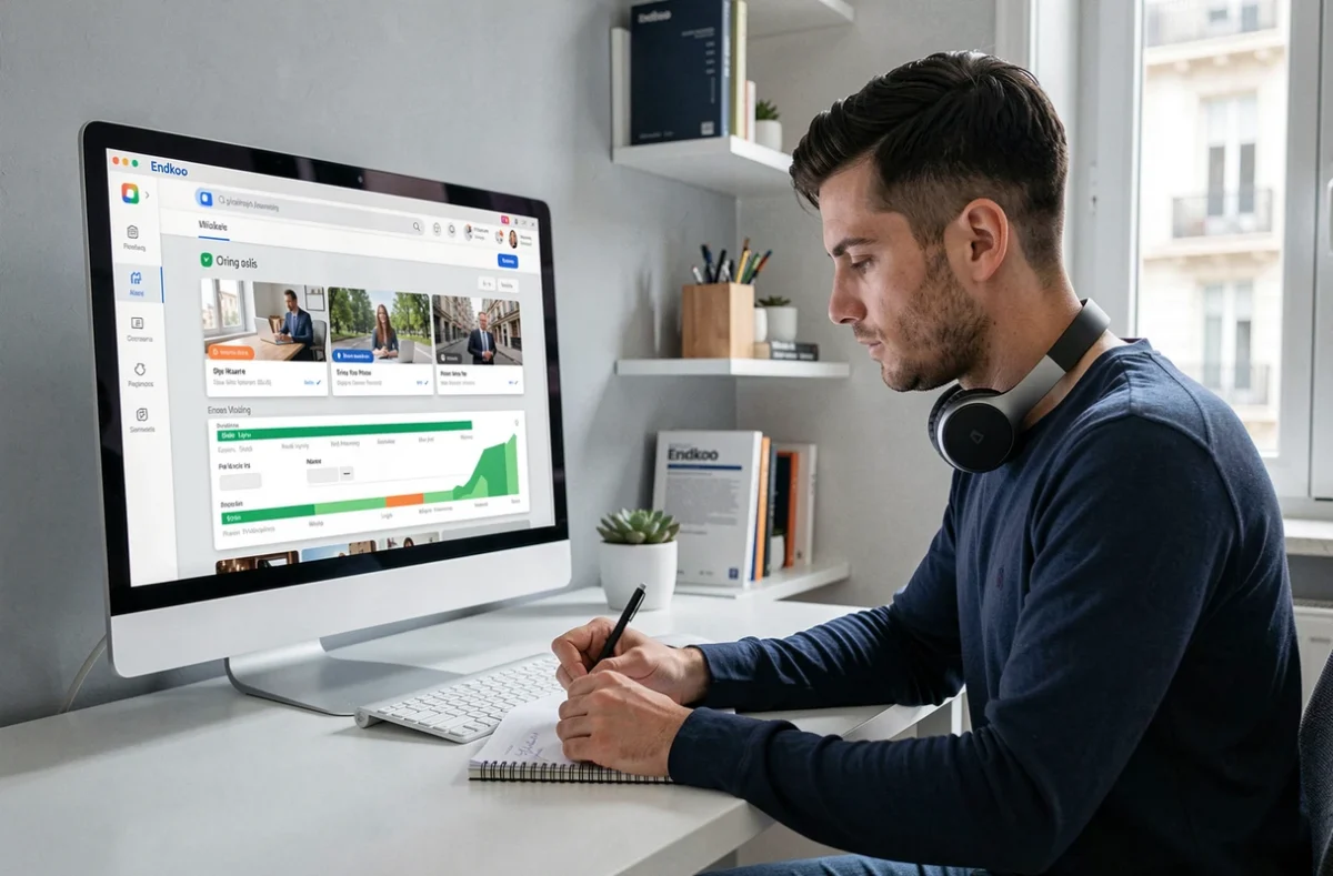 Apprenant adulte suivant une formation en ligne Endkoo depuis son bureau à domicile à Lyon