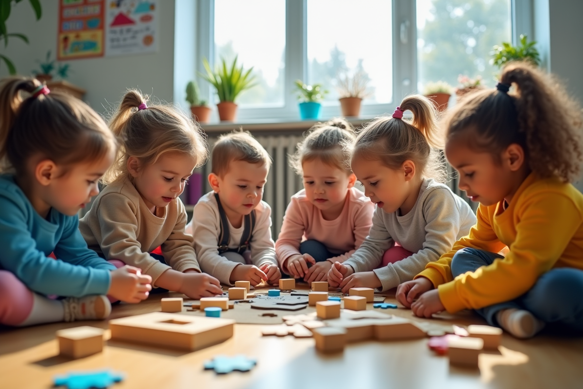 Enfants de 3 à 7 ans jouant avec des blocs en classe moderne