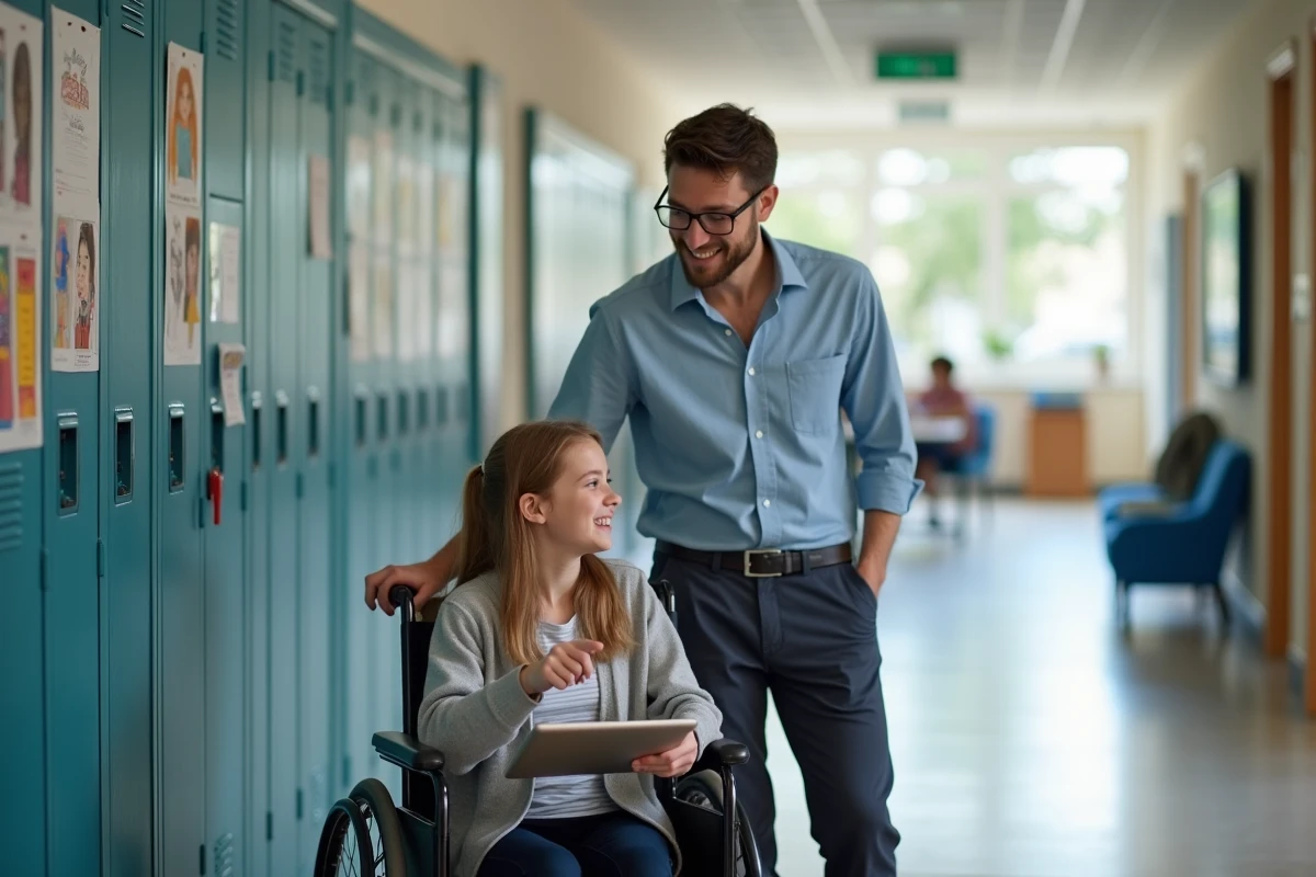 Professeur avec &eacute;l&egrave;ve en fauteuil dans un couloir scolaire