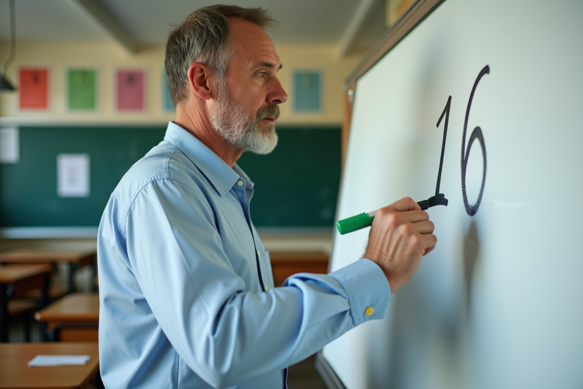 Enseignant écrivant le chiffre 16 au tableau