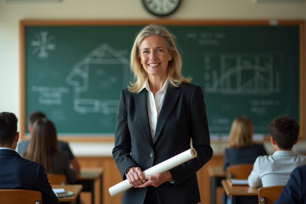 Une femme mature avec diplôme dans une salle de classe