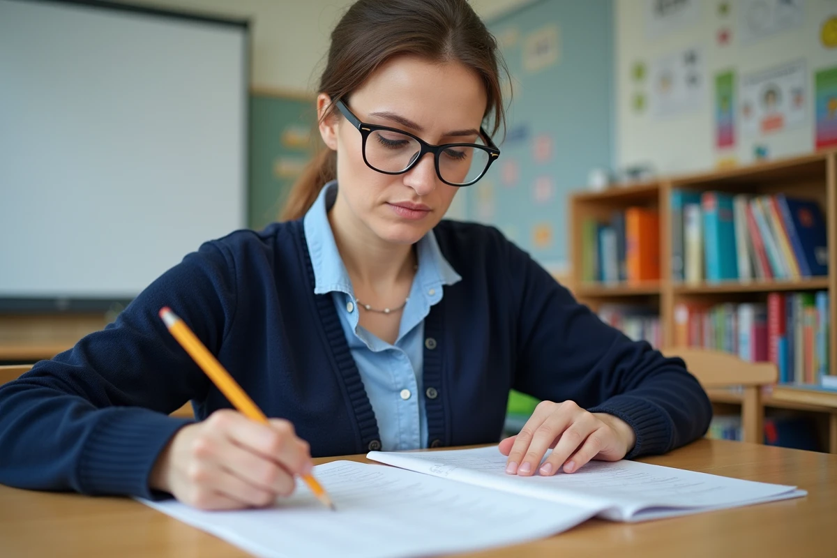 Enseignante évaluant des fiches de suivi de fluence en lecture dans une salle de classe primaire
