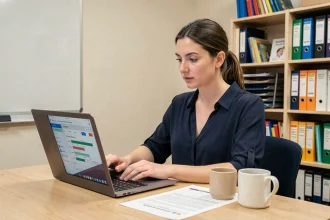 Enseignante consultant le portail Ecole direct sur un ordinateur portable dans la salle des professeurs