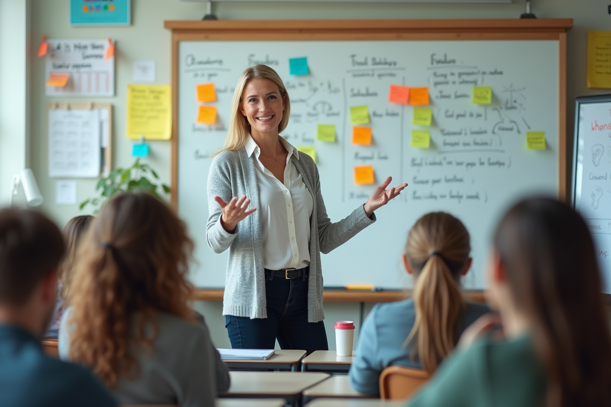 Professeure devant un tableau avec notes colorées et diagrammes