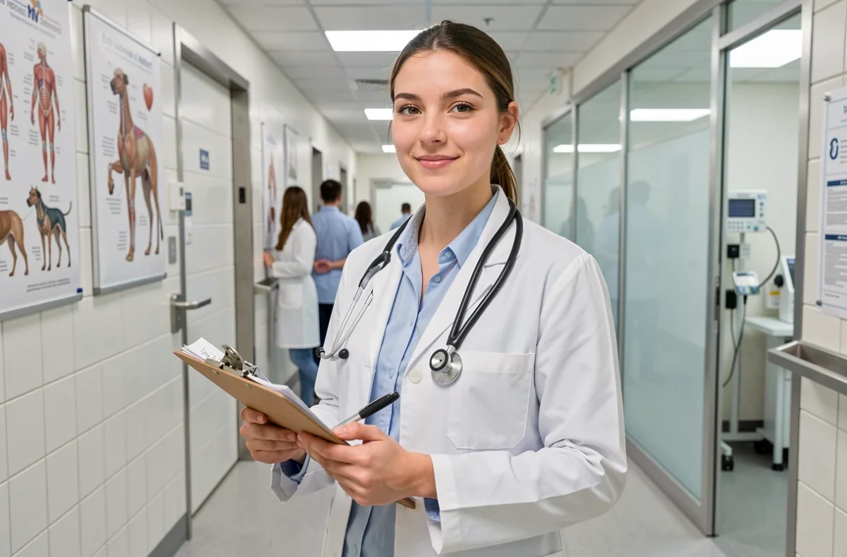 Étudiante vétérinaire en blouse blanche avec stéthoscope dans les couloirs cliniques de l'ENVA Alfort