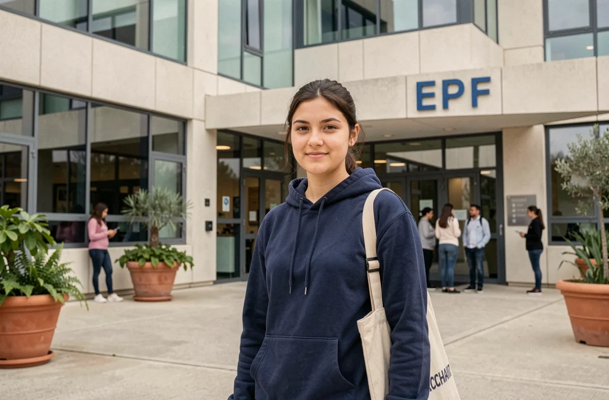 Étudiante devant l'entrée du campus EPF Cachan, école d'ingénieurs en Val-de-Marne