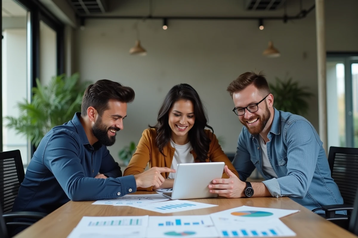 Équipe marketing analysant des statistiques de campagne emailing autour d'une table de réunion moderne