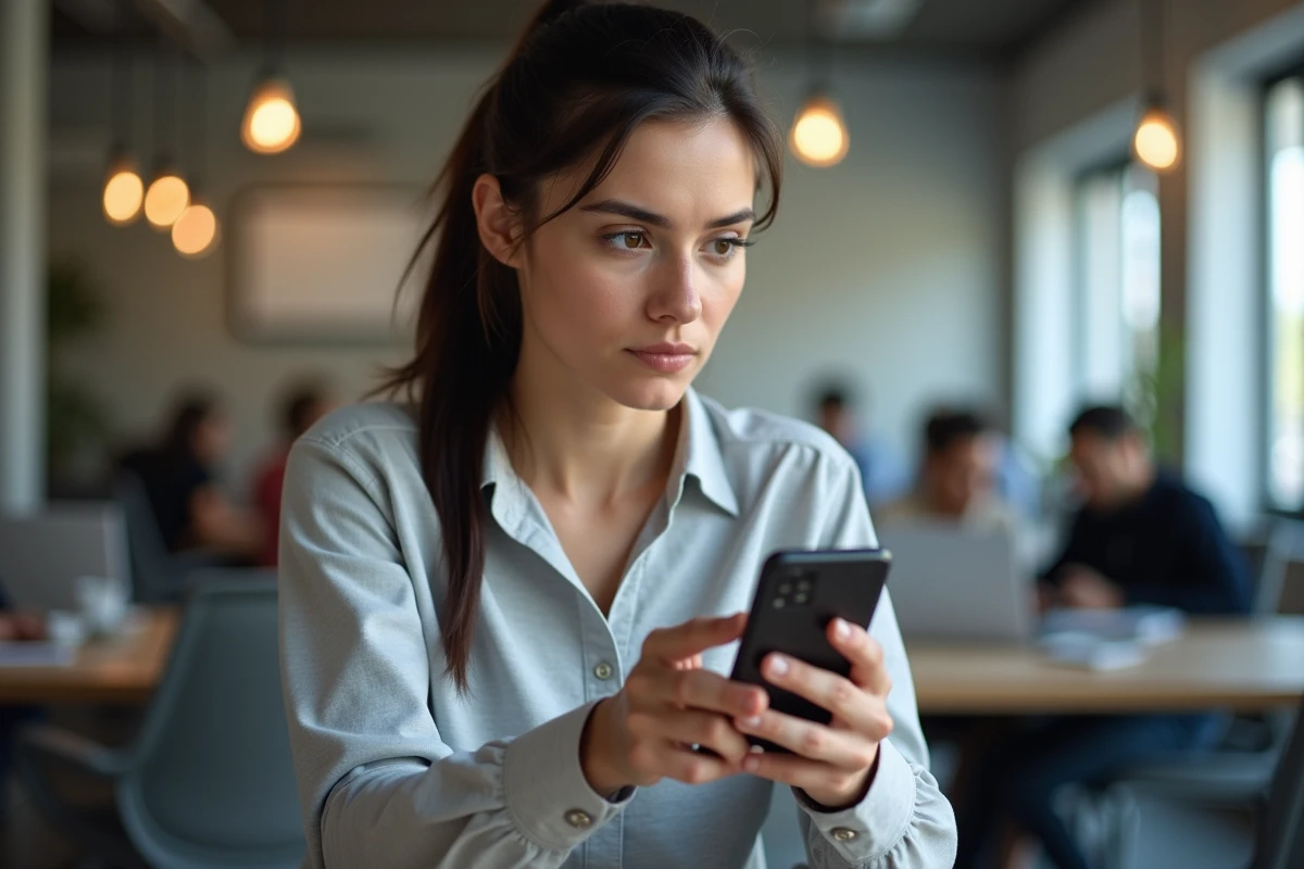 Femme consultant sa messagerie AC Strasbourg sur smartphone avec un message d'erreur de connexion dans un espace de coworking
