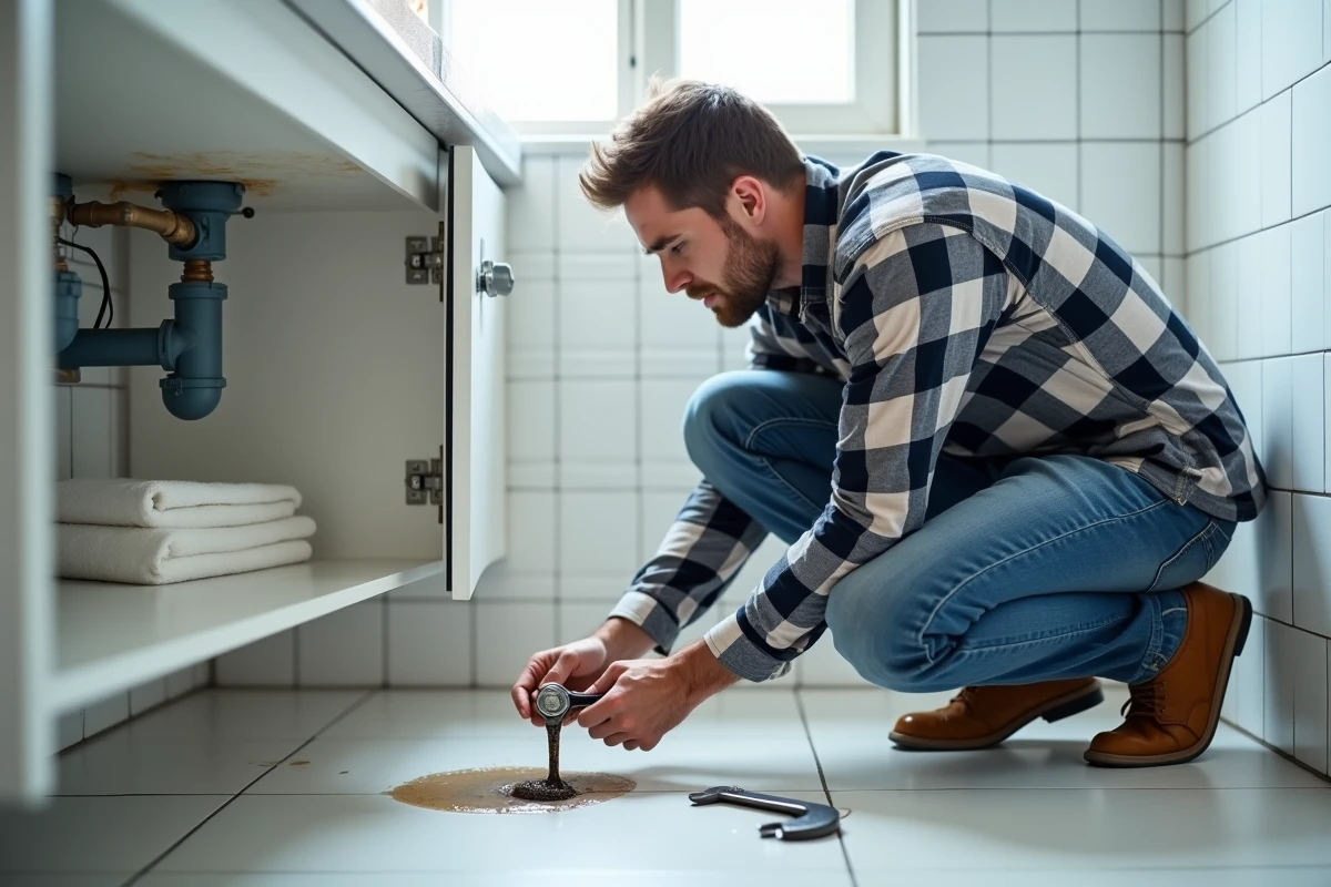 Un homme accroupi dans une salle de bain examinant un joint de plomberie qui fuit après une installation incorrecte, erreur de bricolage débutant