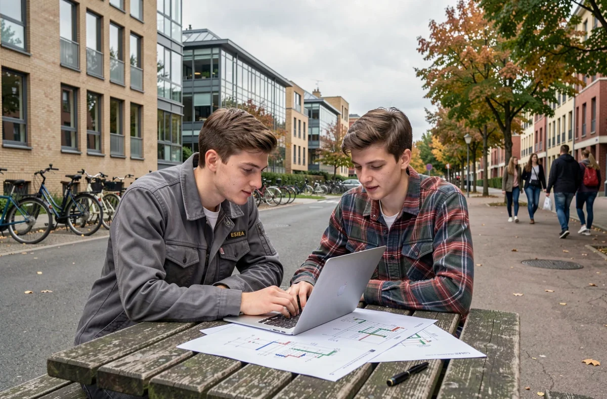 Deux étudiants de l'ESIEA Ivry-sur-Seine travaillant sur des schémas électroniques en extérieur sur le campus