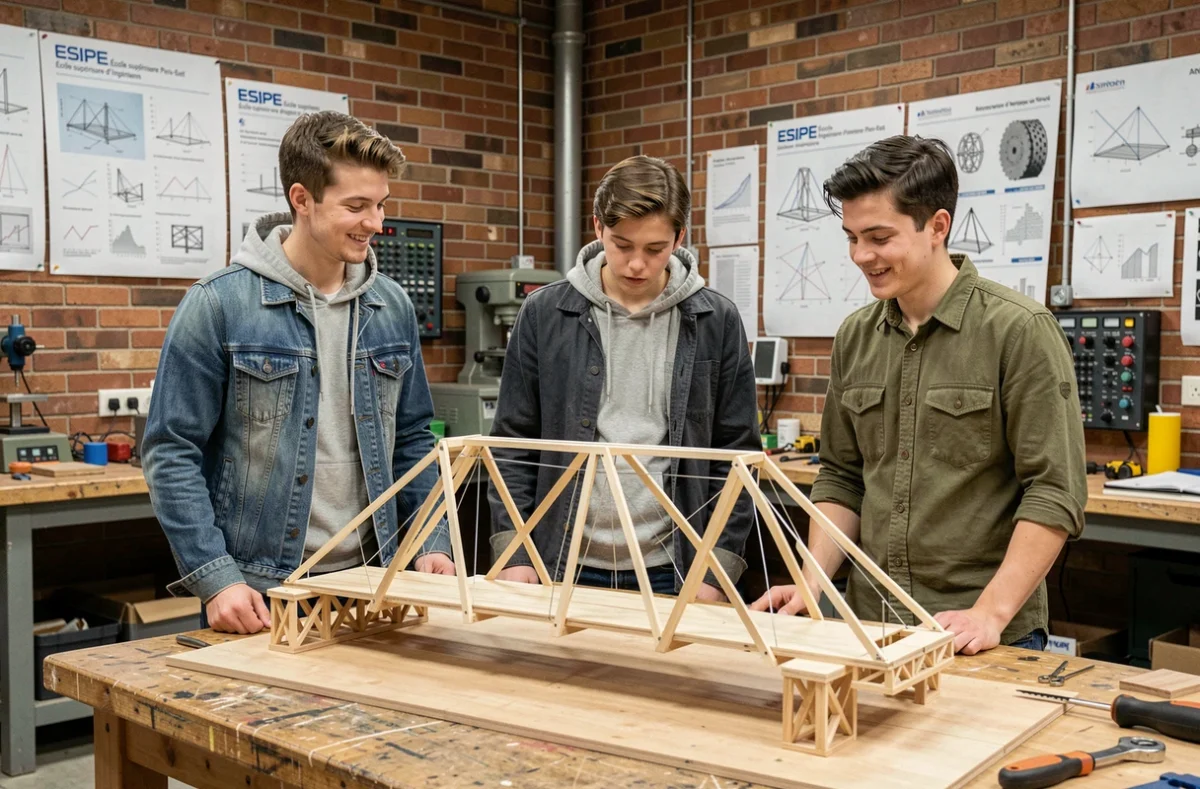 Groupe d'étudiants de l'ESIPE Paris-Est travaillant sur une maquette de pont dans un atelier de projet d'ingénierie