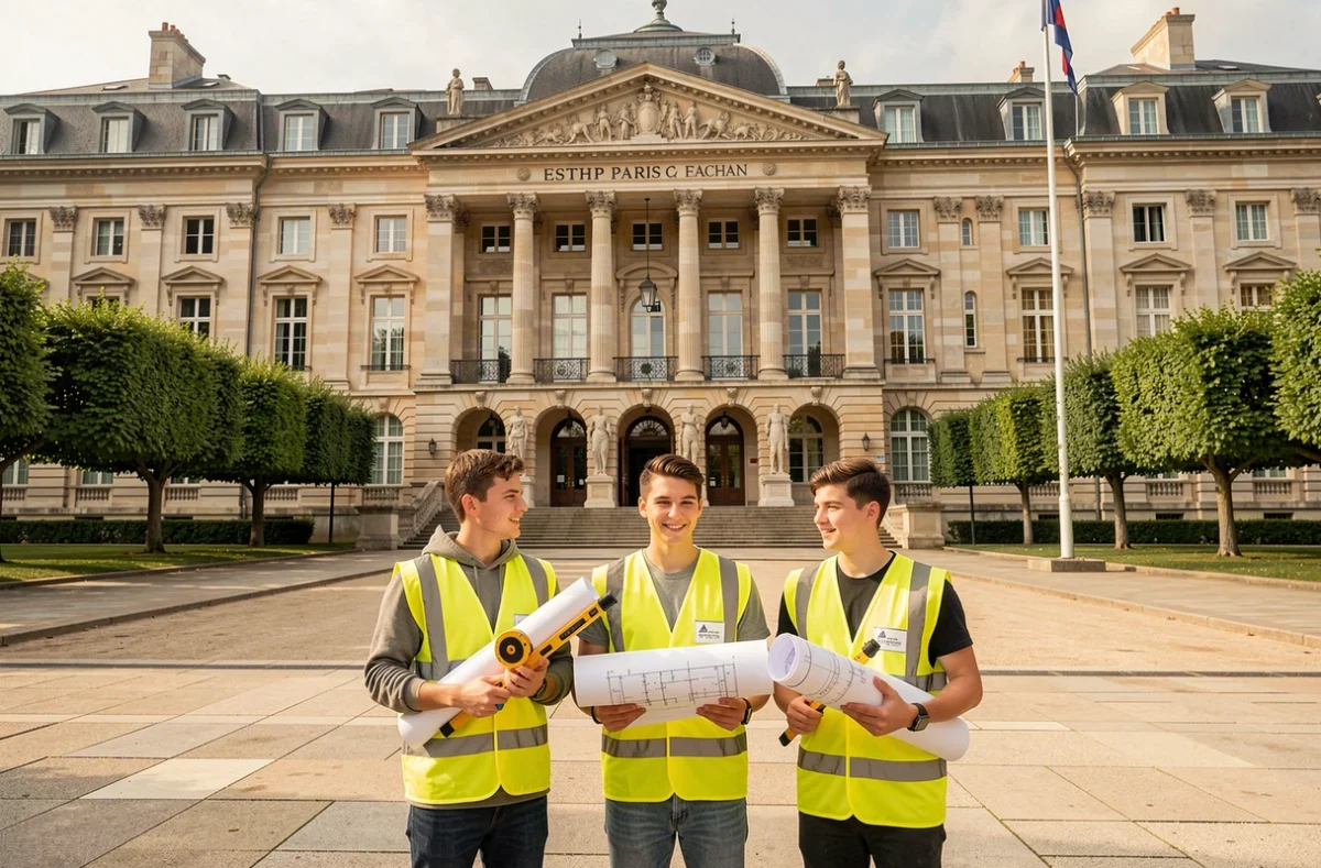 Étudiants en génie civil portant des gilets jaunes devant le bâtiment historique de l'ESTP Paris campus de Cachan