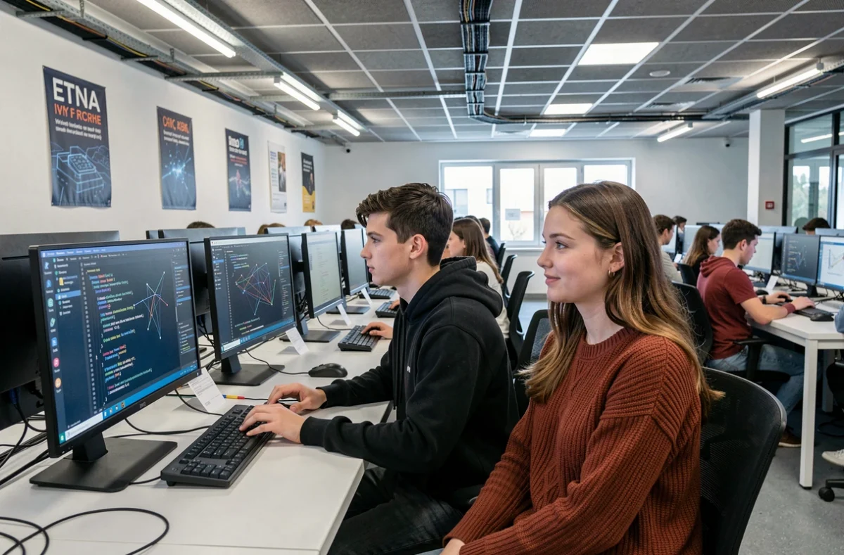 Étudiants en informatique de l'ETNA Ivry-sur-Seine codant sur des postes de travail dans une salle informatique moderne