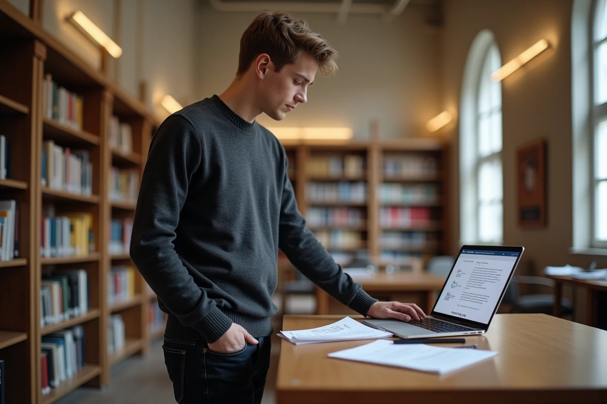 Étudiant en école d'ingénieurs debout en bibliothèque, analysant des offres de premier emploi via LISE ENSAM