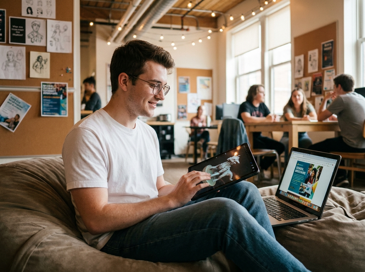 Étudiant consultant les programmes d'écoles d'animation 3D sur une tablette dans un espace commun créatif