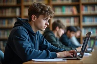 Étudiant universitaire tentant de se connecter à l'ENT UBS sur un ordinateur portable en bibliothèque