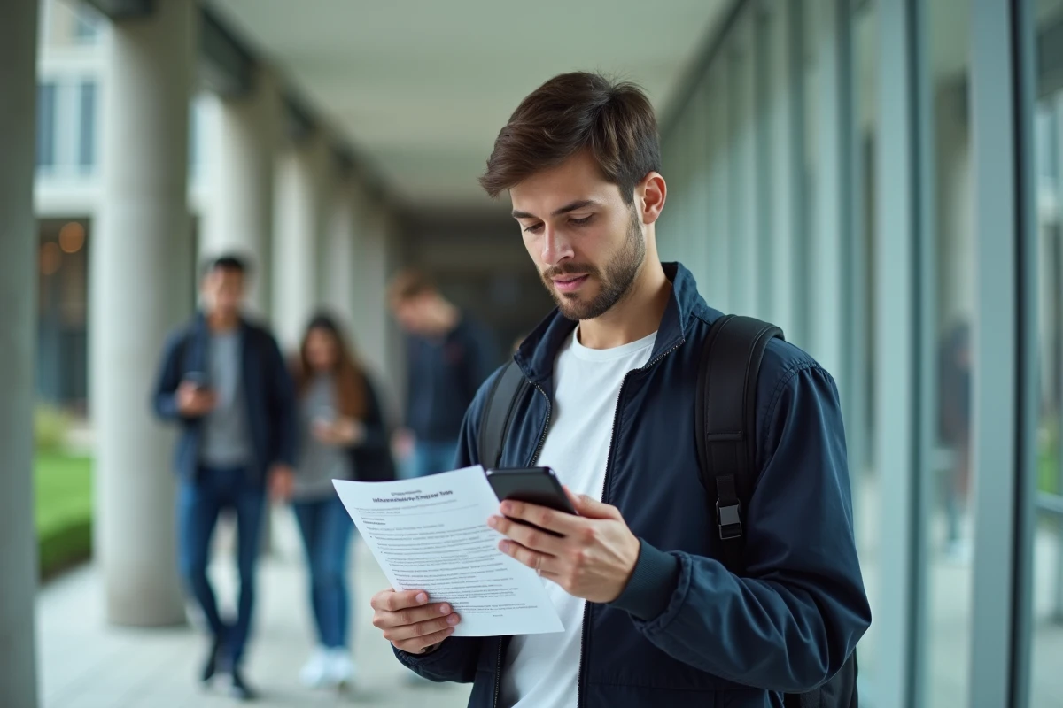 Étudiant consultant une convention de stage imprimée et son smartphone dans le couloir d'un campus universitaire