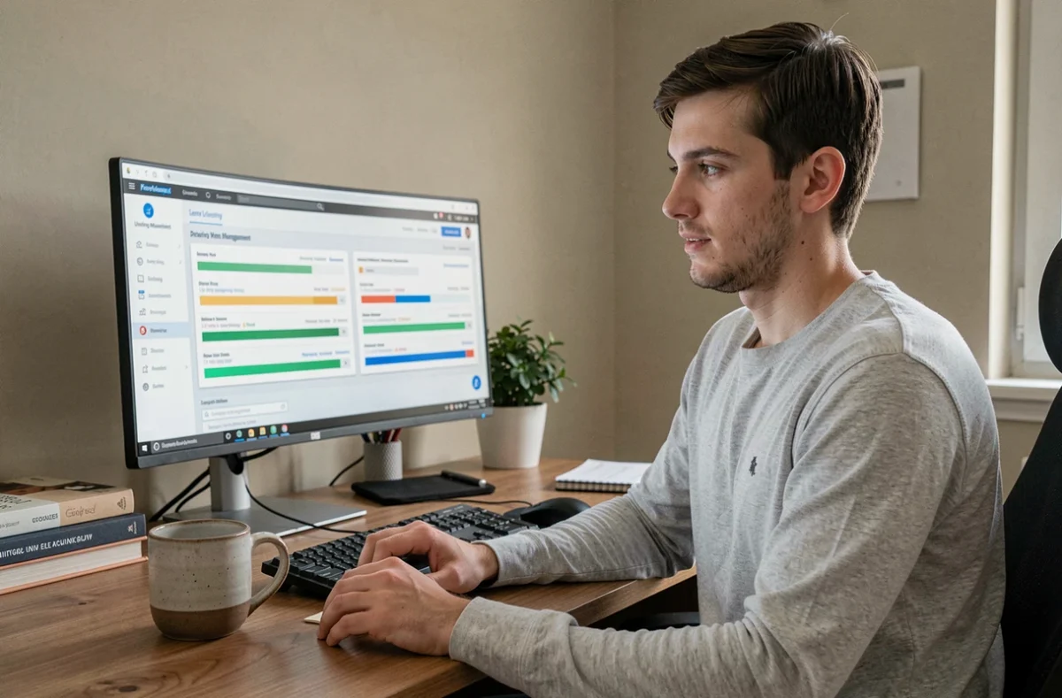 Étudiant masculin travaillant sur la plateforme de formation en ligne ECampus depuis son bureau à domicile