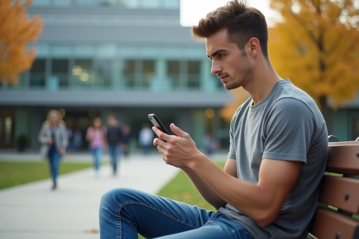 Jeune étudiant consultant une erreur de connexion ENT UBS sur son smartphone en extérieur sur le campus