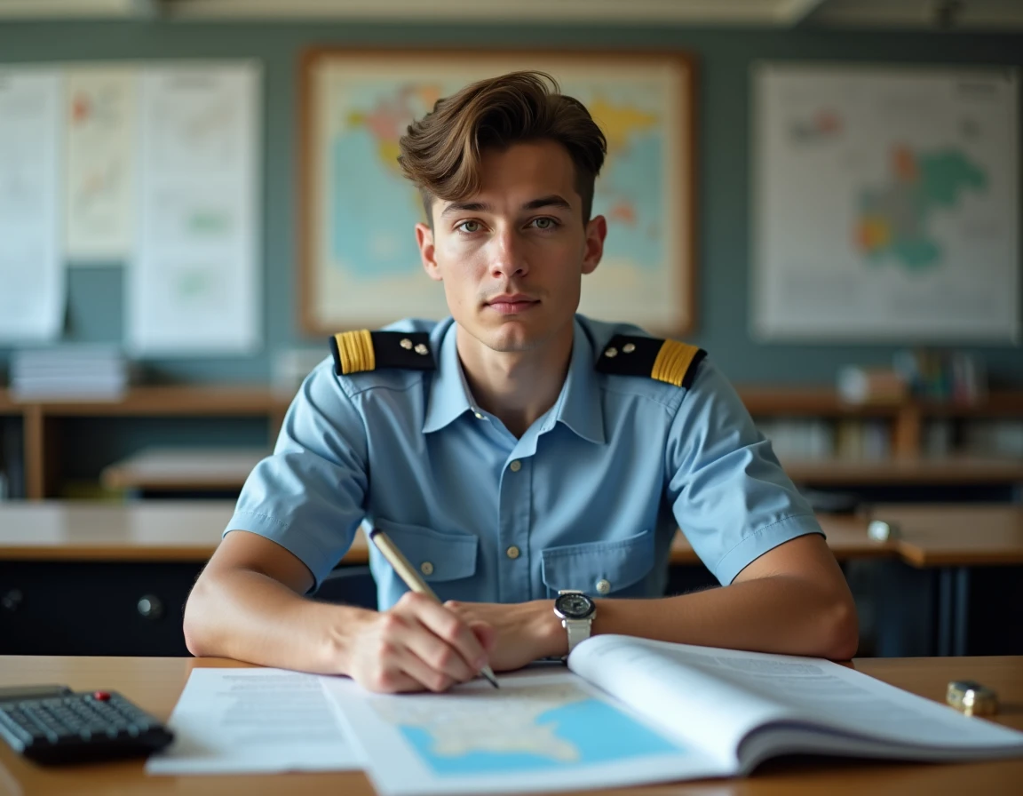 Étudiant pilote en école d'aviation étudiant des cartes aéronautiques et manuels de vol dans une salle de classe