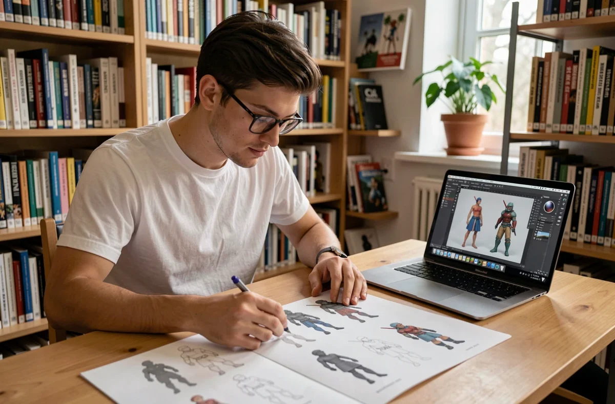 Étudiant en animation consultant son portfolio imprimé dans une bibliothèque d'école de design comme les Gobelins