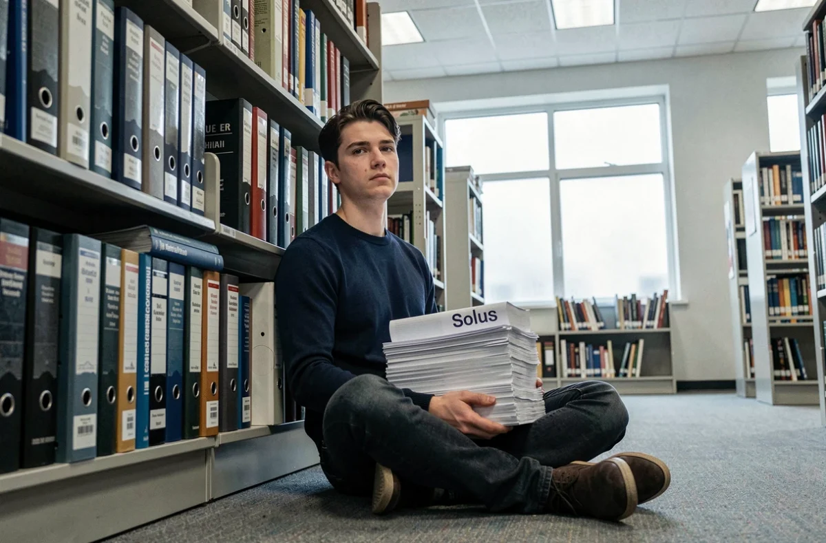 Étudiant en prépa assis sur le sol d'une bibliothèque, dépassé par une pile de documents Solus sur ses genoux
