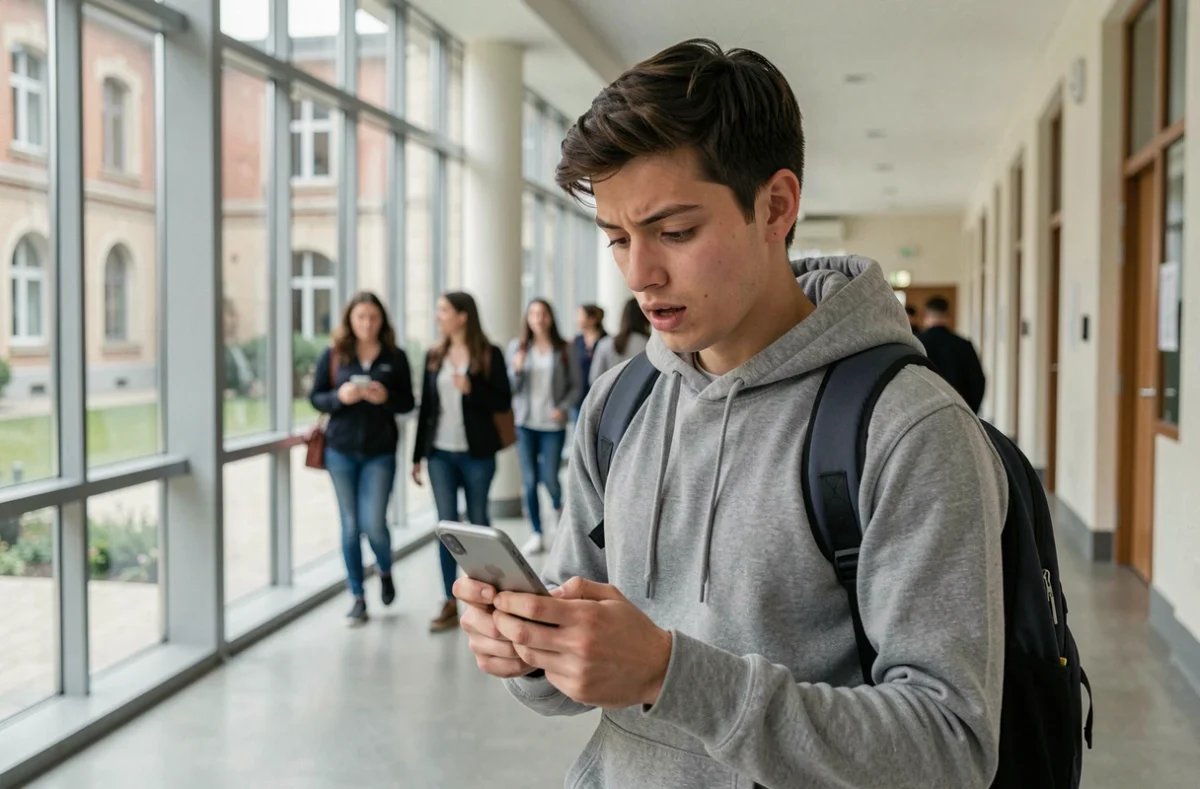 Étudiant consultant un email de l'académie de Bordeaux sur son smartphone dans un couloir universitaire