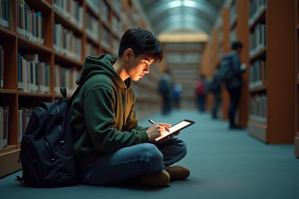 Étudiant passant un test de QI gratuit sur tablette assis dans une bibliothèque universitaire