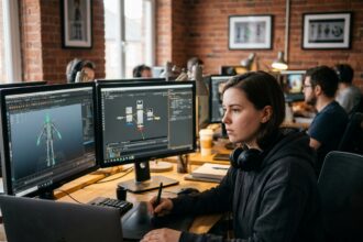 Étudiante en animation 3D travaillant sur un logiciel de rigging de personnages dans un studio d'animation moderne
