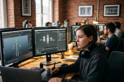 Étudiante en animation 3D travaillant sur un logiciel de rigging de personnages dans un studio d'animation moderne