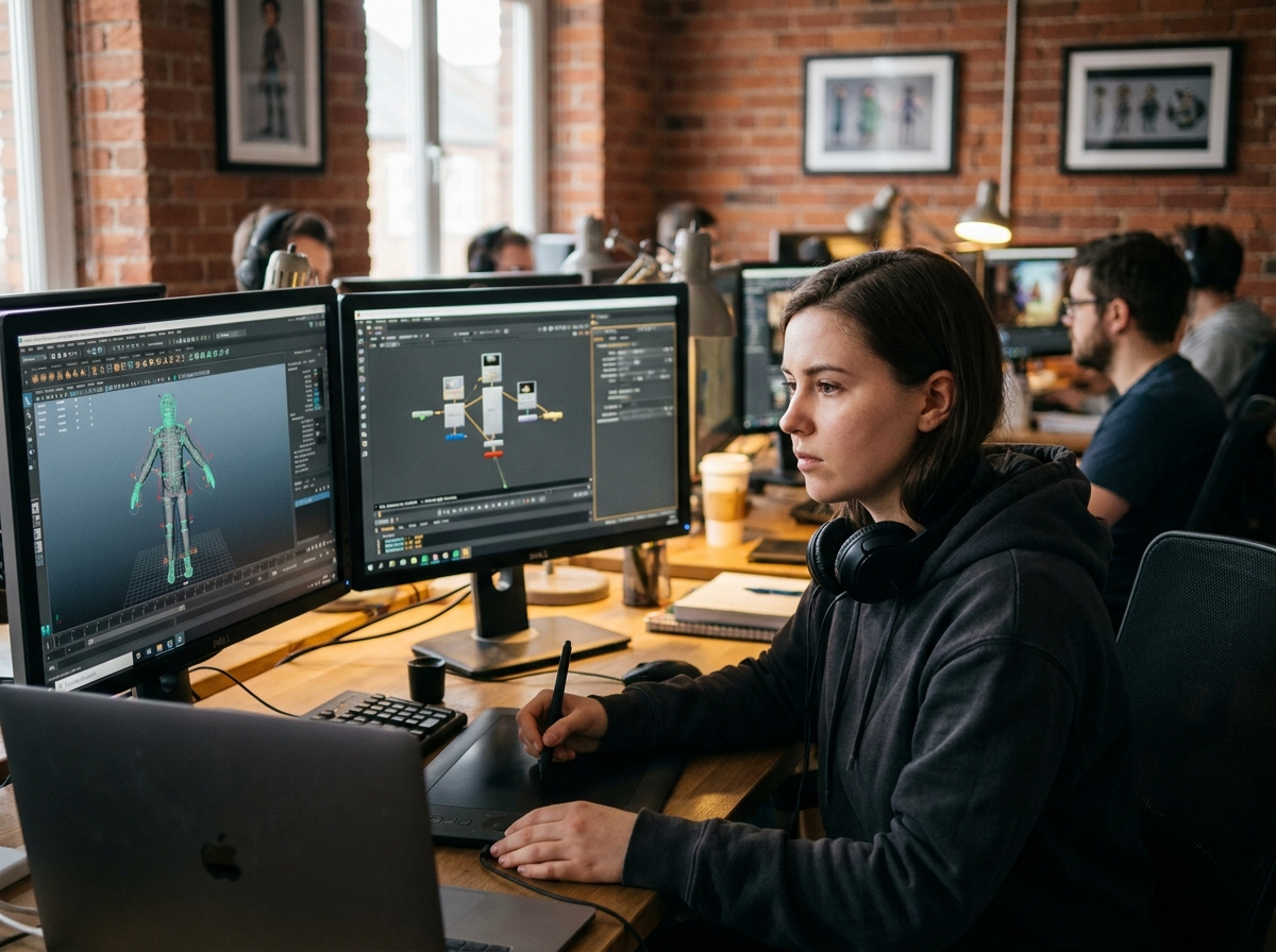 Étudiante en animation 3D travaillant sur un logiciel de rigging de personnages dans un studio d'animation moderne