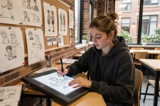 Étudiante en animation travaillant sur une tablette graphique dans un studio de formation professionnelle type Gobelins