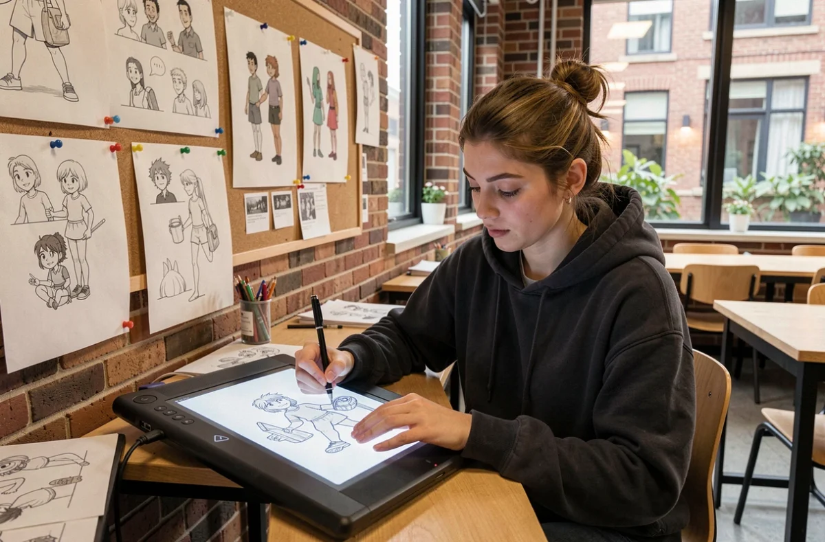 Étudiante en animation travaillant sur une tablette graphique dans un studio de formation professionnelle type Gobelins