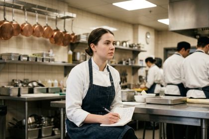 Étudiante en bachelor restauration prenant des notes dans une cuisine professionnelle de école hôtelière