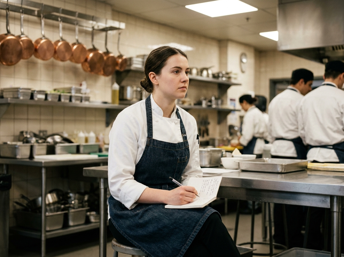 Étudiante en bachelor restauration prenant des notes dans une cuisine professionnelle de école hôtelière