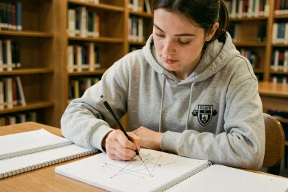 Étudiante dessinant des vecteurs géométriques sur du papier quadrillé dans une bibliothèque universitaire