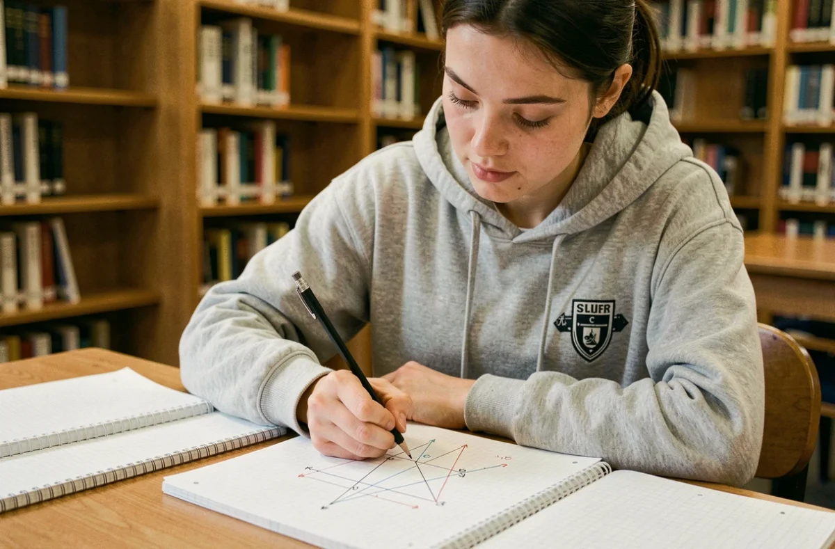Étudiante dessinant des vecteurs géométriques sur du papier quadrillé dans une bibliothèque universitaire