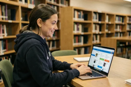 Étudiante accédant à la plateforme ECampus Poli sur son ordinateur portable dans une bibliothèque universitaire moderne