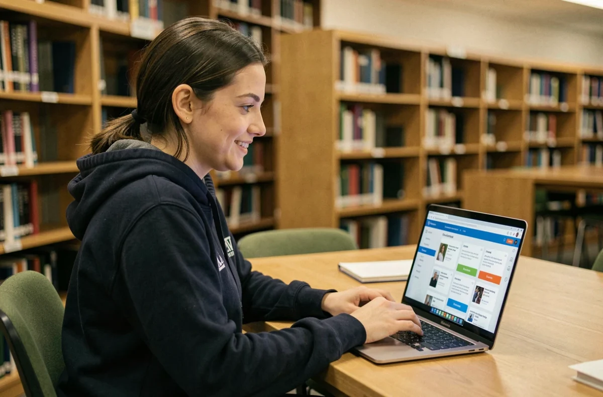 Étudiante accédant à la plateforme ECampus Poli sur son ordinateur portable dans une bibliothèque universitaire moderne