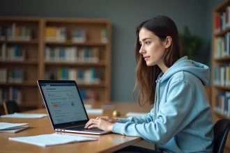 Étudiante de l'université d'Artois consultant les offres de stages sur l'ENT depuis son ordinateur portable en bibliothèque universitaire