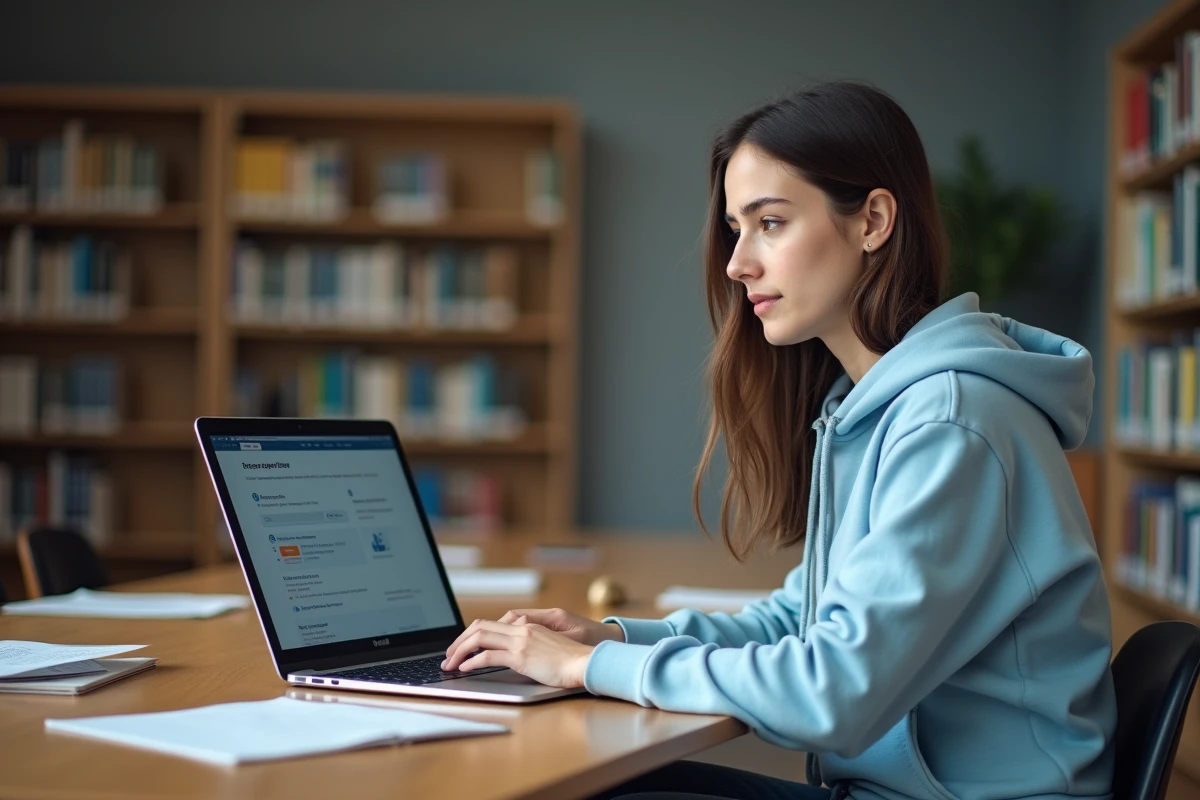 Étudiante de l'université d'Artois consultant les offres de stages sur l'ENT depuis son ordinateur portable en bibliothèque universitaire