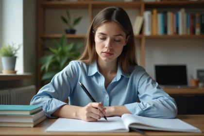 Étudiante rédigeant une lettre de motivation pour son premier job étudiant à son bureau